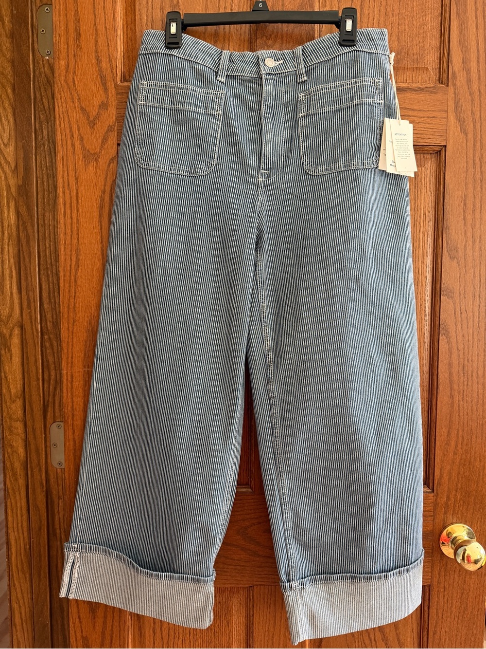 Blue High-Rise Wide Leg Railroad Stripe Cuffed Cropped Jeans Pants. W 10